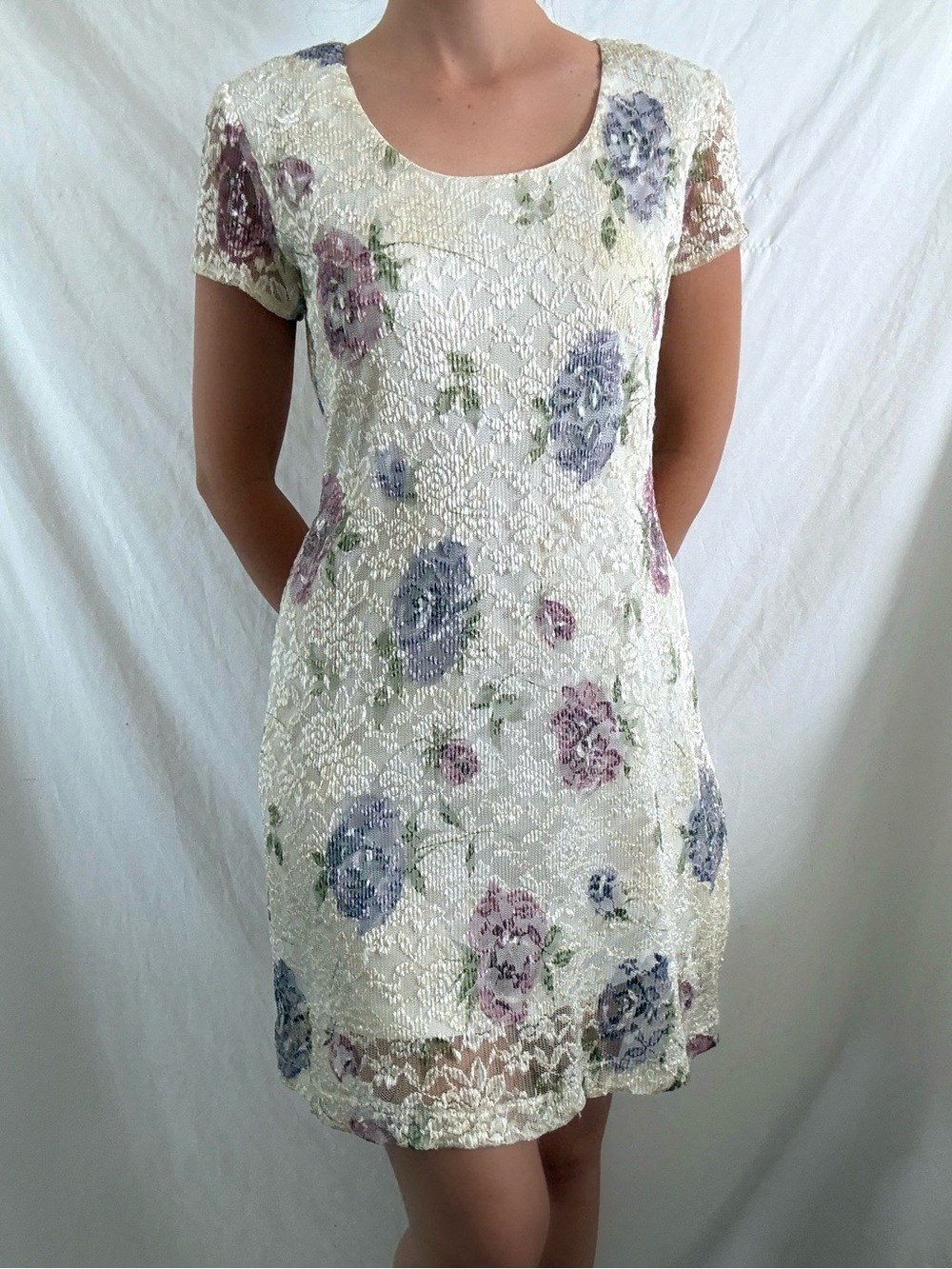 Vintage 90s cream lace floral mini dress rose print short sleeve cottagecore